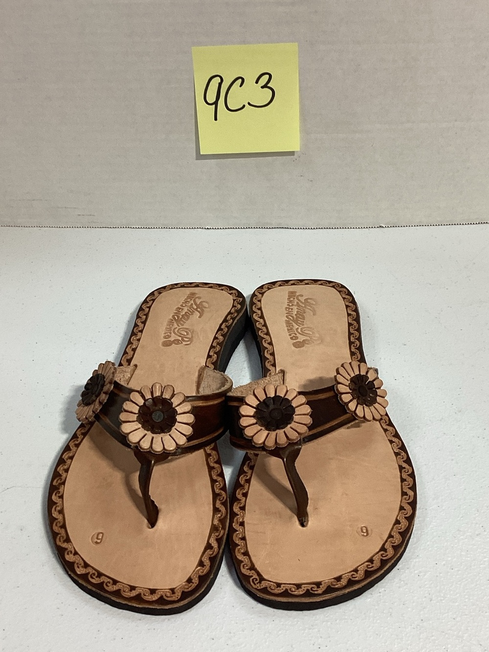 Women's Brown Floral Leather Thong Sandals
